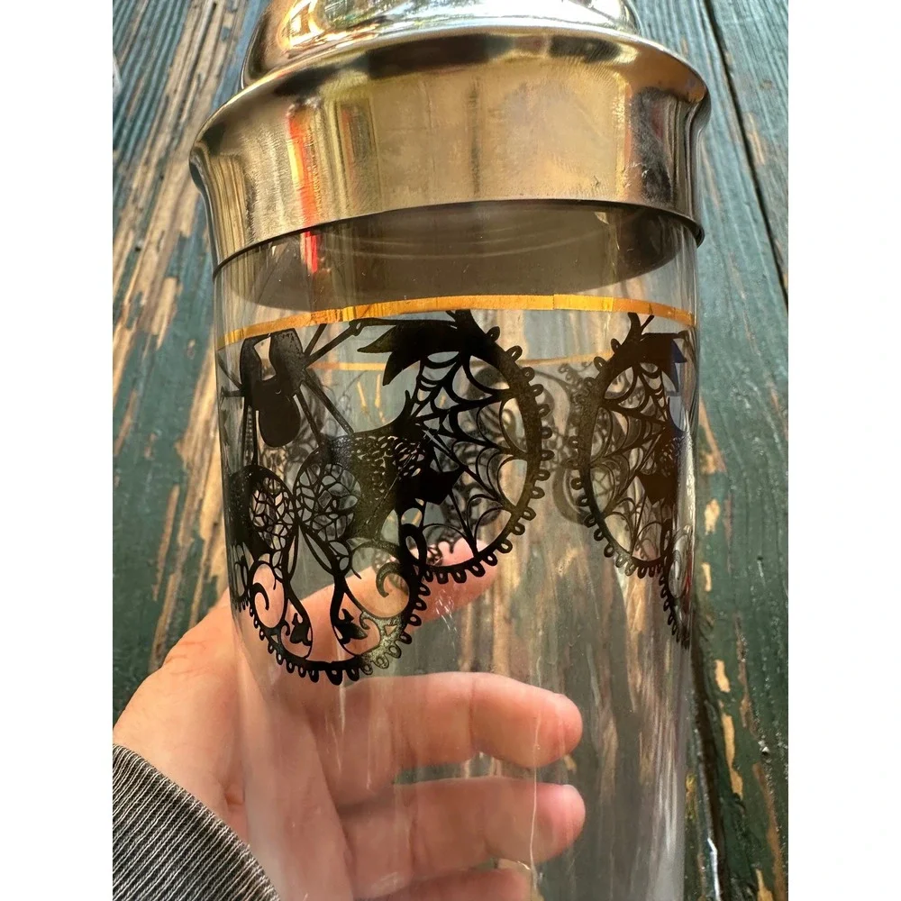 Gothic Spiderweb Glass Cocktail Shaker Gold Spider Black Lace Filigree Halloween